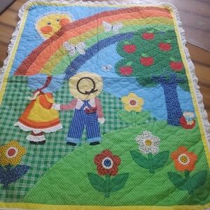 Colorful Children's Quilt with Rainbow and Tree Design Handmade Vintage Farm